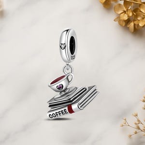 Caffè e libri in autentico argento sterling 925 per bracciale con ciondolo