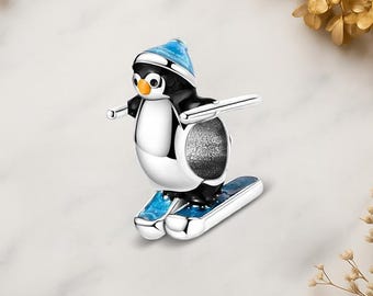 Penguin Skiing Genuine 925 Sterling Silver for Charm Bracelet