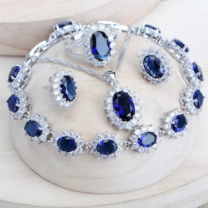Fine Jewellery Wedding Blue Zirconia Costume Genuine 925 Sterling Silver Jewelry Sets