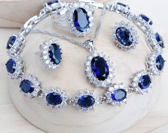 Costume bijoux fins mariage bleu zircone Costume véritable 925 ensembles de bijoux en argent Sterling