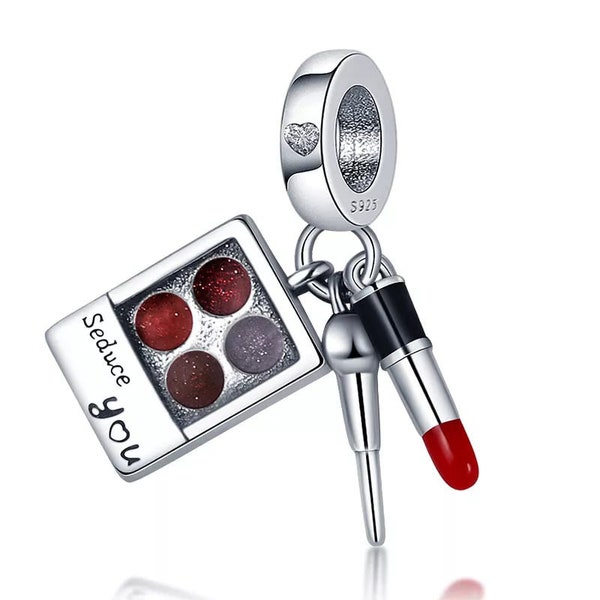 Makeup Set Lipstick Genuine 925 Sterling Silver for Charm Bracelet