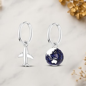 Pendientes de plata de ley 925 auténtica con avión y mapa del mundo para mujer.