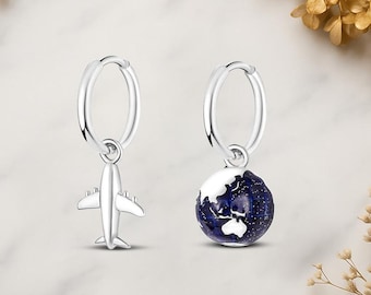Airplane & World Map Genuine 925 Sterling Silver Earrings For Women Jewelry