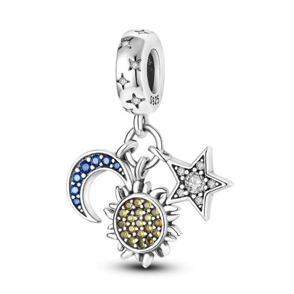 Sun Moon Star Dangle Genuine 925 Sterling Silver for Charm Bracelet