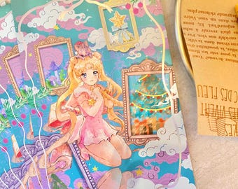 May include: A rectangular print featuring a blonde character with a small cat on their head, surrounded by ornate gold frames containing holiday scenes, clouds, and stars against a teal and purple background with a white line art border.