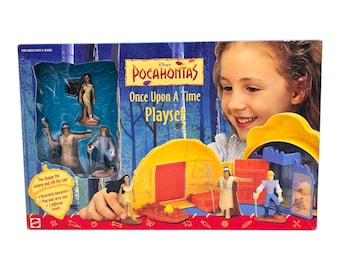 May include: A Disney Pocahontas Once Upon A Time playset in a rectangular box. The set includes three plastic character figurines, a yellow foldable structure, and a campfire accessory. The packaging features the title text and a child's image.