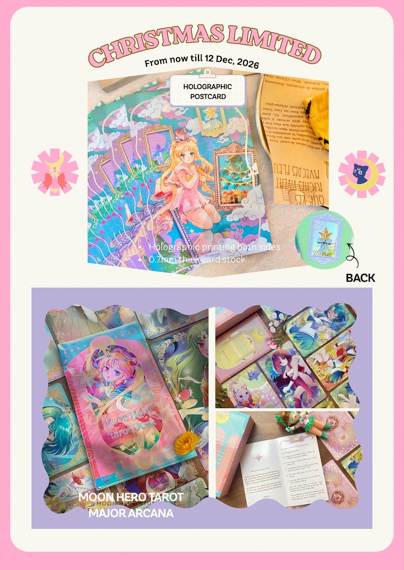 Puede incluir: Una baraja de tarot Moon Hero con cartas de los Arcanos Mayores con impresi&oacute;n hologr&aacute;fica en ambos lados, cartulina de 0,7 mm de grosor y una postal hologr&aacute;fica. Las cartas muestran ilustraciones de estilo anime, motivos celestiales y marcos.