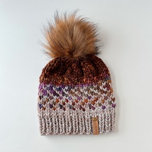 Handmade Merino Wool Knit Beanie: Brown Fair Isle Winter Hat with Faux Fur Pom