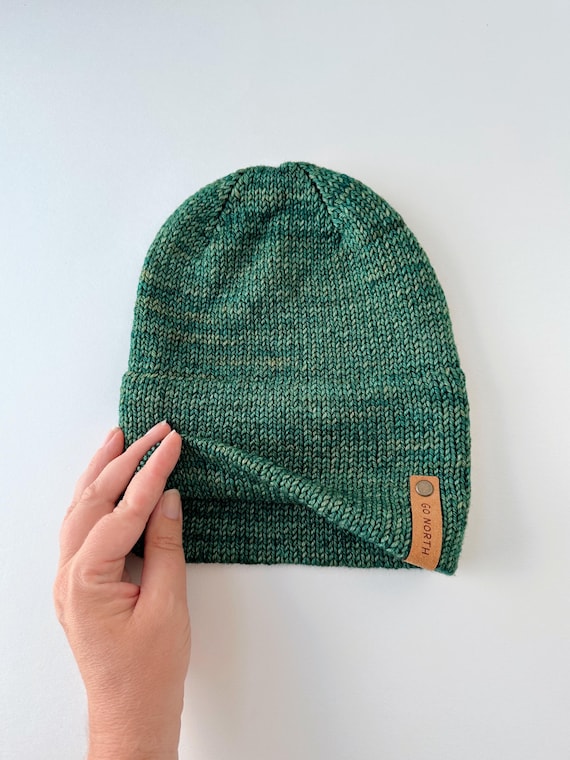 Handmade Green Merino Wool Knit Beanie: Double Brim Winter  display picture 2