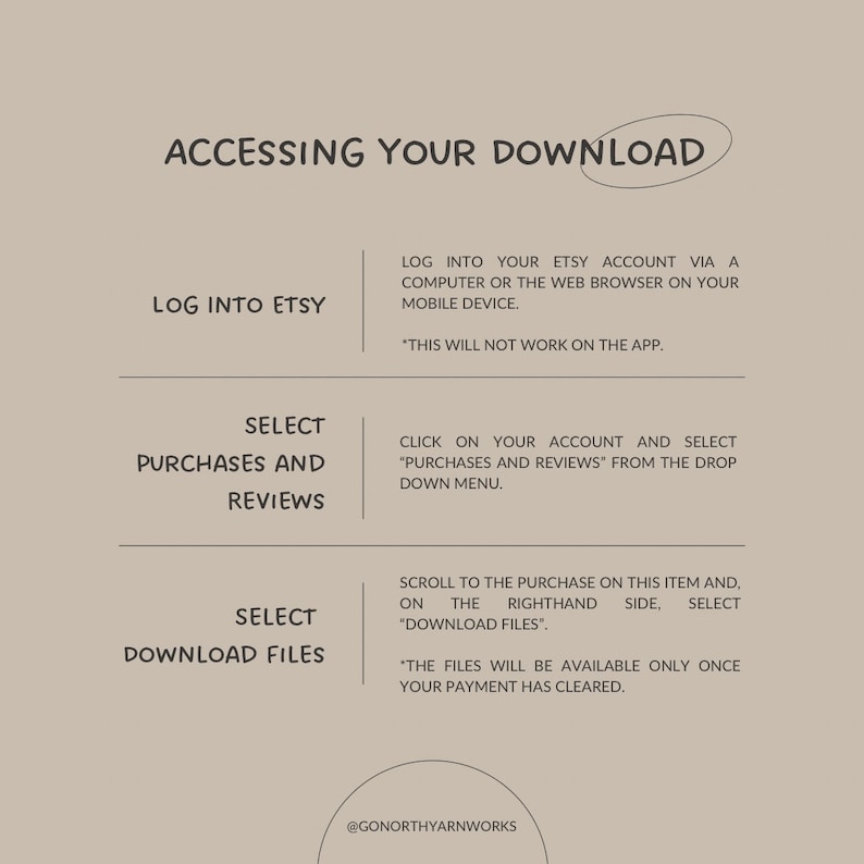 K&ouml;nnte beinhalten: Eine Grafik mit Anweisungen, wie Sie auf Ihren digitalen Download auf Etsy zugreifen. Die Schritte umfassen die Anmeldung bei Ihrem Etsy-Konto, die Auswahl von K&auml;ufen und Bewertungen und dann die Auswahl von Download-Dateien.