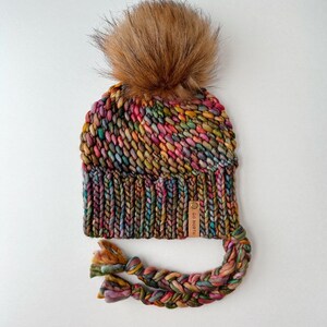 ADULT LUXURY Merino Wool Crochet Winter Hat with Faux Fur Pom + Tassels, Women's Chunky Beanie, Artisan Handmade Eco-Friendly Split Brim Cap