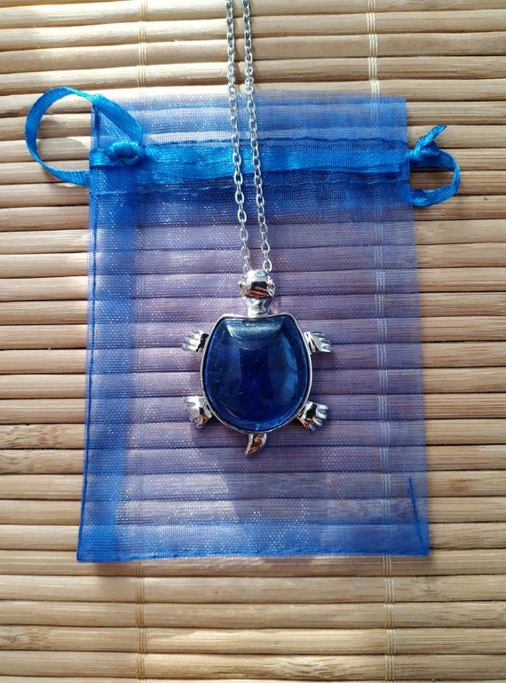 Beautiful Blue Quartz Crystal and Silver Metal Turtle Pendant Necklace with Chain Cancer Scorpio Pisces Birthday Gift Tortoise Pendant