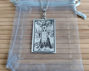 Beautiful Tarot Card Pendant The Tower Silver Metal Tone and Black engraved Necklace with Silver Metal Chain and Organza Bag