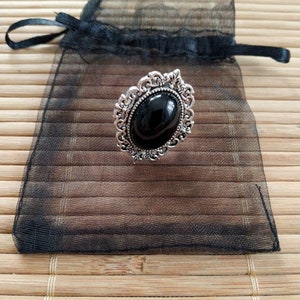 Beautiful Black Obsidian Crystal Silver Metal Adjustable Statement Ring Matching Organza Bag Capricorn Scorpio Perfect Gift Valentine Gift