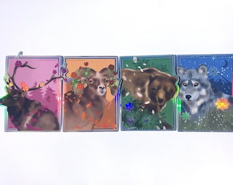 Holographic Yellowstone Wildlife Sticker Set/ Gray Wolf/ Grizzly Bear/ Elk/ Bighorn Sheep