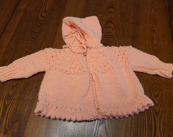 Hand Knit Hooded Baby Sweater, size 3-6 months