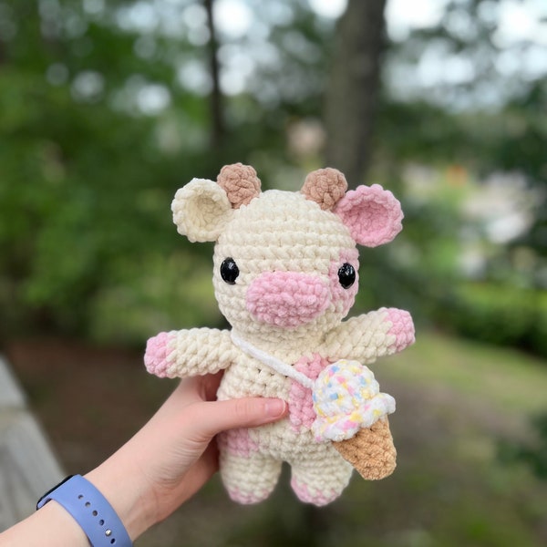 Handmade Crochet Cow Plushie with Ice Cream Handbag - Cute Amigurumi Toy