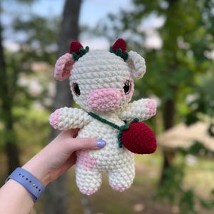 Jumbo Strawberry Cow & Flower Cow Crochet Plushies – Ready to Ship | Handcrafted Eyes | Kawaii Cow Plush | Cute Cow Decor | Farm Animal Gift