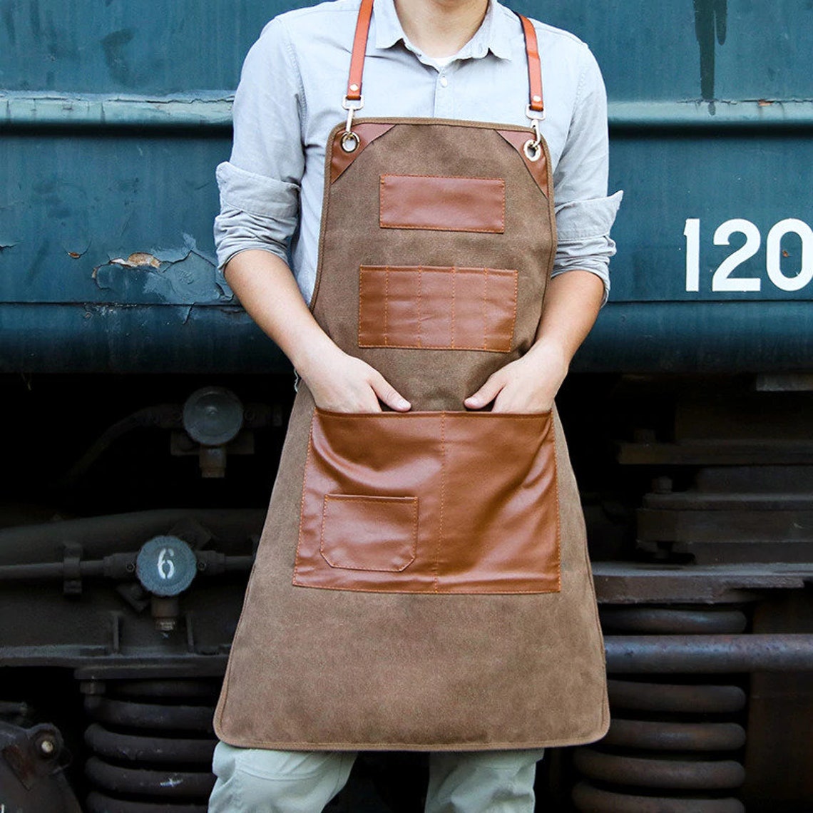 Leather Canvas Work Aprons with Tool Pockets CrossBack Etsy
