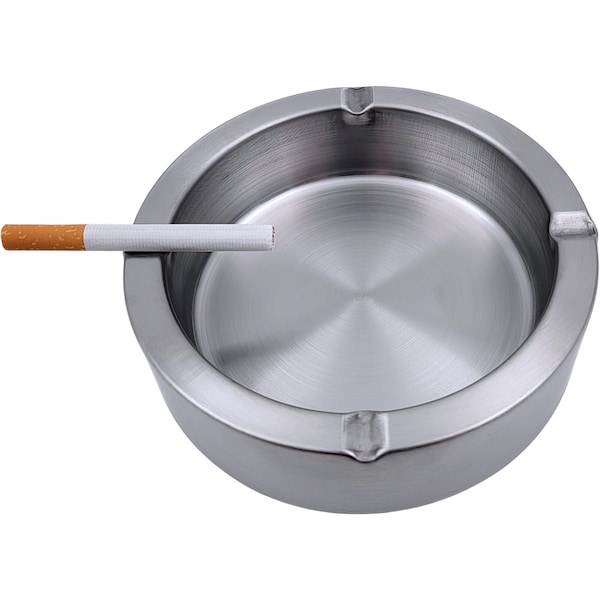 Round Metal Ashtray Stainless Steel Silver for Cigarettes Cigar Decorative Home Office Indoor Outdoor Patio Tabletop Outside Décor Hotel