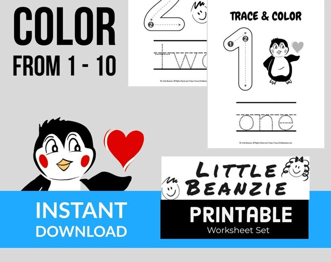 Trace and Color: Numbers from 1 to 10 Worksheet Set