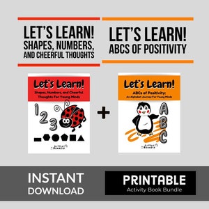 Paquete: Libros de actividades infantiles imprimibles - Little Beanzie / ¡Aprendamos! ABC de la positividad + formas, números y pensamientos alegres