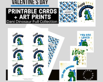 Printable Valentine’s Day Classroom Bundle - Little Beanzie | Valentine's Day Cards | Teacher Gift | Dinosaur Art Prints | Instant Download