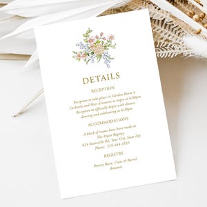 ワイルドフラワーウェディング詳細カードCorjlテンプレート、披露宴、宿泊、レジストリ用の草原の花柄印刷可能インサート、編集可能なデジタル104