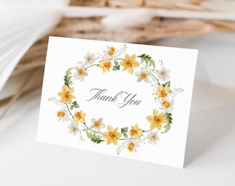 Daffodil Daisy Thank You Card, Floral Wreath Corjl Template, Editable Instant Download, Printable Appreciation Note, Wedding 209
