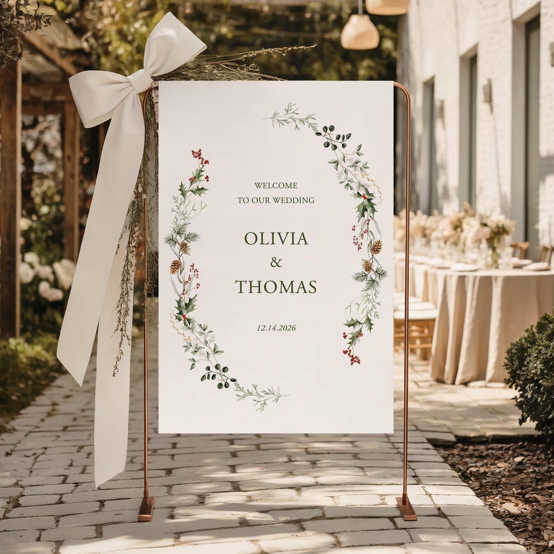 Invitee Sign Winter Wedding Welcome Sign Template, Holly Pine Berry Reception Poster ...