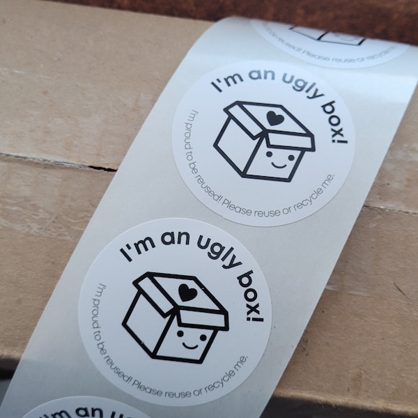 Eco-vriendelijke groene hergebruikte verpakkingsstickers - "Ik ben een lelijke doos" "Ik ben een lelijke envelop"