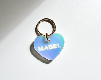 Iridescent Heart Pet ID Tag: Custom Engraved Dog Cat Collar Tag