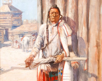 May include: A painting of a Native American man standing in front of a wooden building. He is wearing a white shirt, red pants, and a long white robe. He is holding a long wooden staff in his hands. The painting is set against a backdrop of a blue sky and a green field.