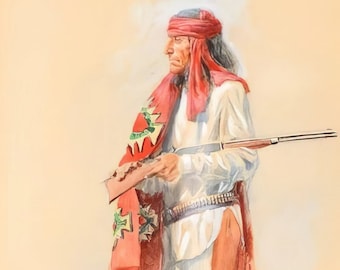 May include: A watercolor painting of a Native American man wearing a red turban and a white shirt. He is holding a rifle and is standing in a desert landscape.