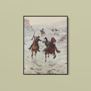 May include: A framed painting depicting a scene of individuals on horseback in a snowy landscape. One rider holds a rifle while another leans back on a dark horse. The composition includes multiple figures in the distance, all rendered in muted tones.