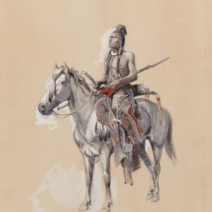 Indian on Horseback, 1900 by Charles M Russell Giclee Art Print as Rolled, Stretched or Framed Canvas, Rolled Paper Art Print Free Shipping