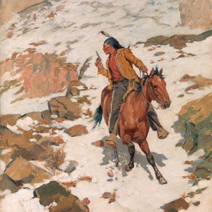 In Hot Pursuit By Charles Schreyvogel Western Giclee Art Print as Rolled, Stretched or Framed Canvas, Rolled or Framed Art Print Ships Free