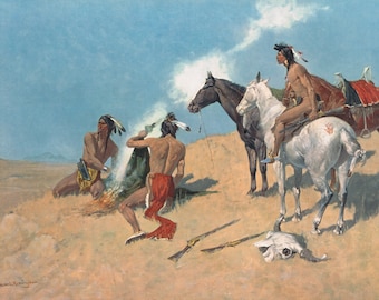 The Smoke Signal by Frederic Remington Western Giclee Art Print as Rolled, Stretched or Framed Canvas, Rolled Paper Art Prints Free Shipping