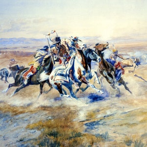 The Attack by Charles M Russell Western Giclee Art Print as Rolled, Stretched or Framed Canvas, Rolled Paper Art Print + Free Shipping
