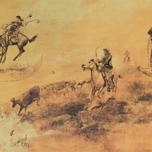 Bronco Busting, Driving in. Cow Puncher by Charles M Russell Giclee Art Print as Rolled, Stretched or Framed Canvas, Rolled Paper Art Print