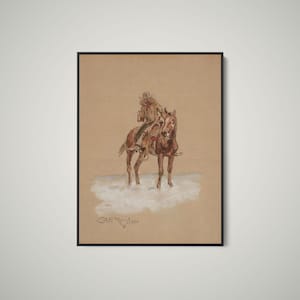 Könnte beinhalten: Ein gerahmtes Kunstwerk auf beigem Papier mit einer braunen Tusche- und Aquarellzeichnung eines Reiters mit breitkrempigem Hut auf einem braunen Pferd. Der Reiter hält ein Seil, das Werk ist unten links signiert und auf das Jahr 1920 datiert.