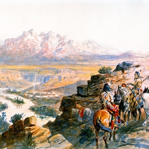 Planning the Attack on the Wagon Train by Charles M Russell Giclee Art Print as Rolled, Stretched or Framed Canvas, Rolled Paper Art Print