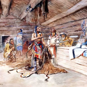 Joe Kipp&#39;s Trading Post by Charles Marion Russell Giclee Art Print as Rolled, Stretched or Framed Canvas, Rolled Paper Prints + Ships Free