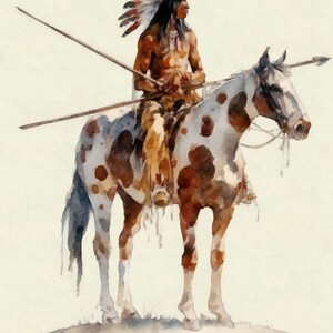 Watercolor Brave on Horseback II by Buck Rawlins Western Giclee Art Print as Canvas or Paper Ships Free