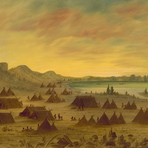 May include: A painting depicting a Native American encampment with numerous teepees, a lake in the background, and a rocky hill in the foreground. The sky is a vibrant yellow with a hint of pink and orange.
