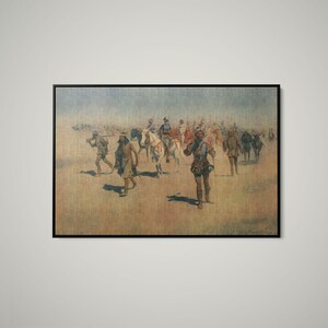 May include: A framed horizontal print depicting a historical scene of a group of figures in period clothing, including individuals on horseback and on foot, traversing a vast, arid, light brown landscape under a pale, hazy sky.
