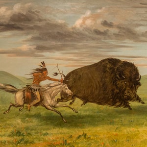 May include: A Native American man on horseback, wearing a feathered headdress, aims an arrow at a charging brown bison. The scene is set against a backdrop of a grassy plain with a blue sky and white clouds.