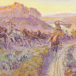 The Jerk Line by Charles M Russell Western Giclee Art Print as Rolled, Stretched or Framed Canvas, Rolled Paper Art Print + Free Shipping