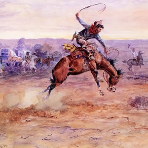 Bucking Bronco by Charles Marion Russell Western Giclee Art Print as Rolled, Stretched or Framed Canvas, Rolled Paper Print + Free Shipping