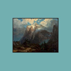 May include: A framed landscape painting depicting a towering, snow-capped mountain peak partially obscured by clouds. The foreground features dark, rocky terrain and evergreen trees, while the sky transitions from deep blue to soft, golden light.